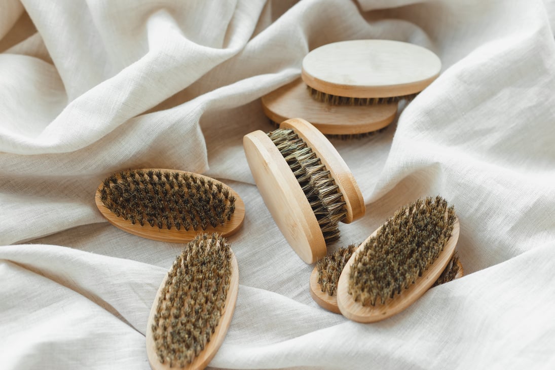 Bamboo Beard Brushes with Natural Bristles on Linen Textile